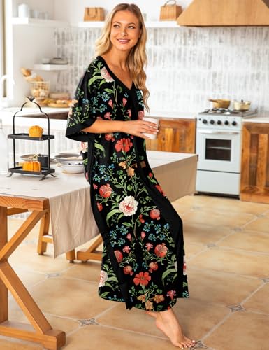 Image of Bloggerlove Women Nightgowns Cotton Caftan House Dress Short Sleeve Sleepwear Vacation Beach Moo Moos Dress with Pockets