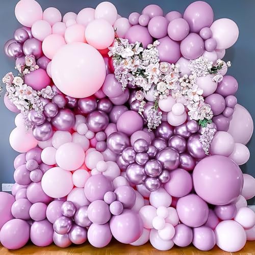 Image of PartyWoo Pink and Purple Balloon Garland, 100 pcs Balloons Different Sizes Pack of 18 Inch 12 Inch 10 Inch 5 Inch Pink Purple Red Silver Metallic Balloons for Birthday Decorations, Party Decorations