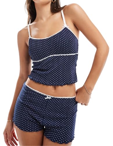 Image of Yuemengxuan Women Y2k Polka Dot Pajamas Sets 2 Piece Sexy Summer Outfits Set Sleeveless Strappy Cami Top Crop Top Shorts Set