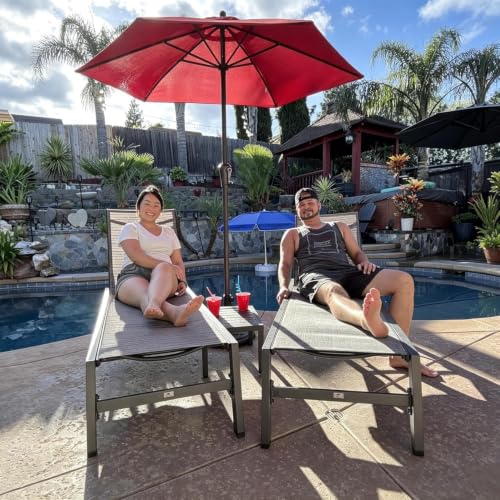 Image of PURPLE LEAF Patio Chaise Lounge Set 2 with Side Table Textilene Outdoor Lounge Chairs with Wheels Sunbathing Chair for Pool, Yard, Garden Mix Gray