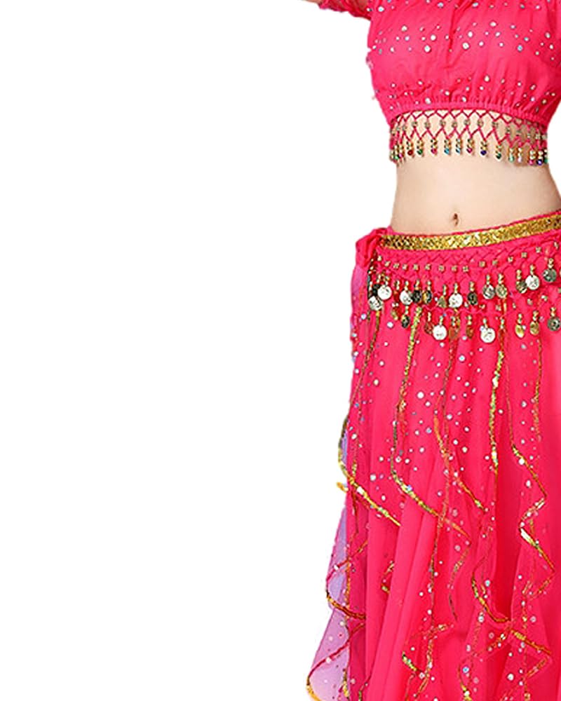 Bollywood Indian Womens Arabian lace Ribbon Belly Dance 3-Piece Dress Girl Costume (top/Skirt/Belt Scarf) (Pink, M) - Image 3