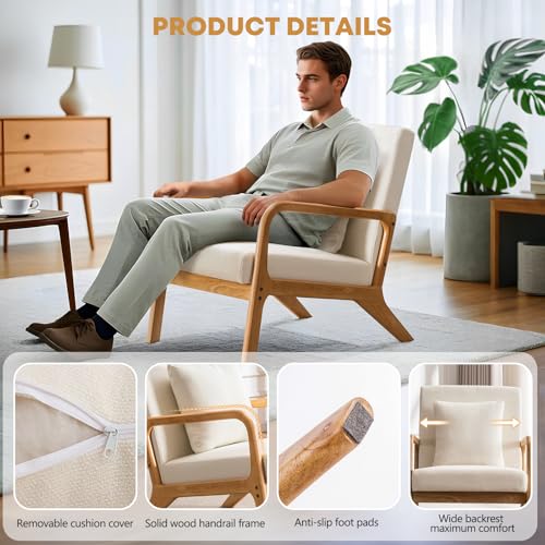 ELUCHANG Mid-Century Modern Accent Chair with Lumbar Pillow,Upholstered Armchair,Linen Fabric Comfy Reading Chair, Lounge Side Chair for Living Room Bedroom Apartment,Easy Assembly - Image 7