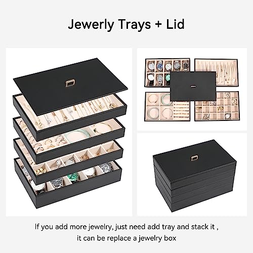 Voova Stackable Jewelry Organizer Tray with Lid, PU Leather Jewelry Storage Holder for Drawer Inserts, Jewellery Display Box Case for Earring Necklace Ring Watch Bracelet (Set of 4, Black)3