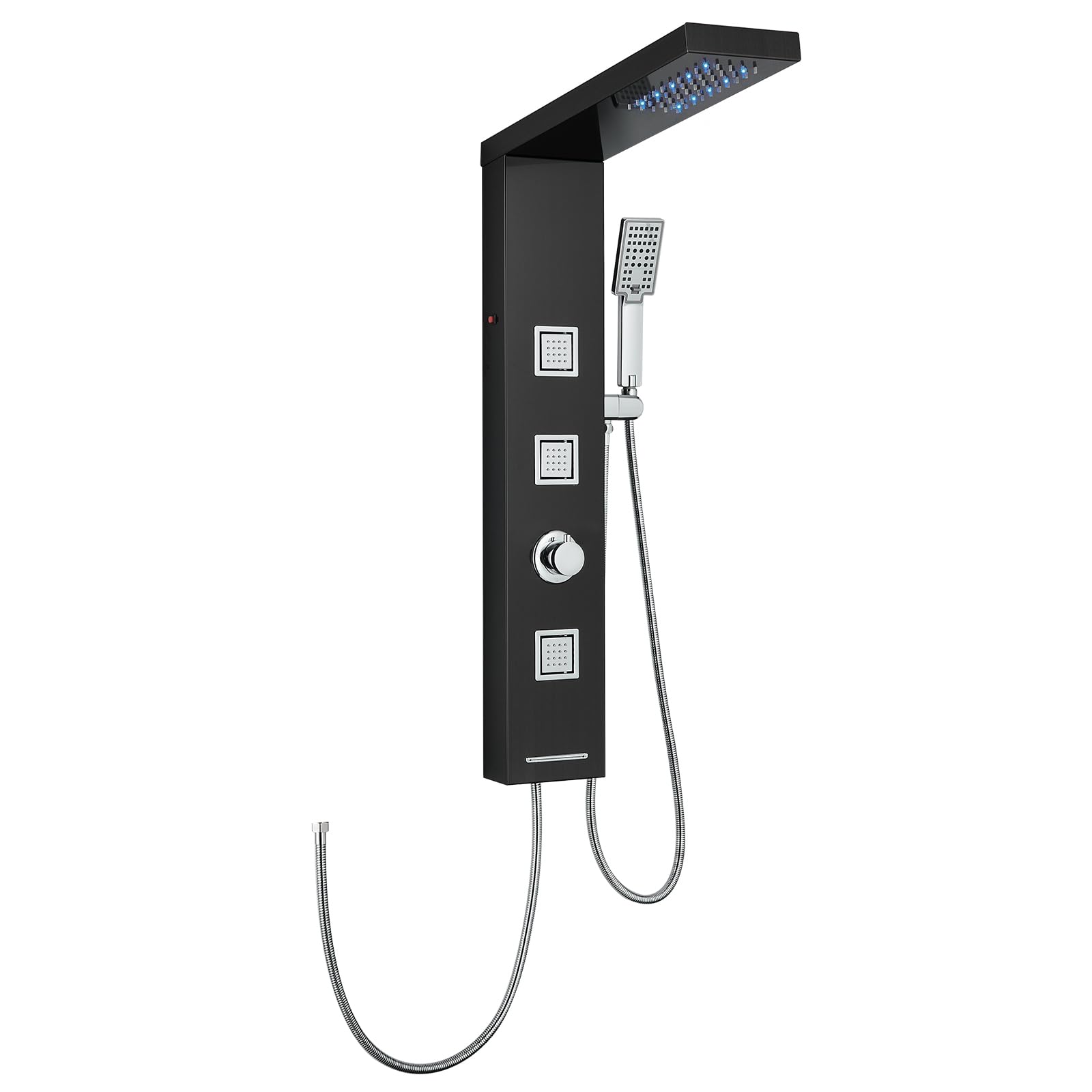 Pannello doccia LED senza rubinetto, 4 funzioni, pannello doccia con doccia a pioggia LED, 3 ugelli massaggianti, doccetta e ingresso vasca da bagno, colonna doccia in acciaio inox 304