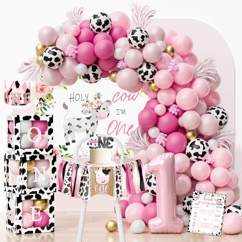 YJDFWAUT Holy Cow I’m One Birthday Decorations Party Supplies for Girl, Pink Cow First Birthday Party Decorations, Farm Cow 1st Birthday Party Supplies, 1st Birthday Girl Decoration