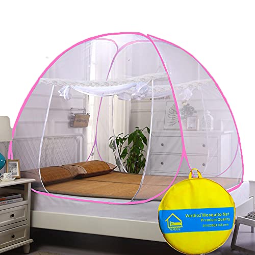 Image of VERDIOZ WITH DEVICE Double Bed Foldable King Size Mosquito Net Machardani for Adult | Kids | Baby, Corrosion Free Steel Wire, 30 GSM Bright White Net and Saviour Kit -(200X200X145 Cm, Pink)