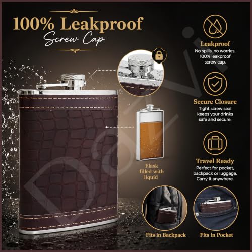 Image of Hip Flask for Men & Women 8oz Stainless Steel (236ml) - Whisky Flask Vodka Alcoholic Liquor Holder with Funnel Drinks Pocket Carrying Case - Leakproof Travel Flasks for Drinks, (Brown Leather)