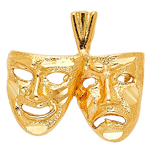 14k Yellow Gold Comedy Tragedy Masks Pendant Faces Happy Sad Theatre Charm