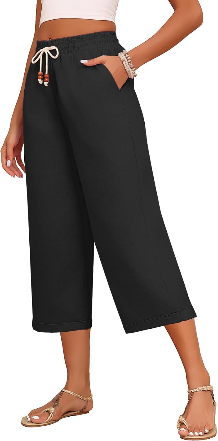 Askyes Womens Capri Pants Cotton Linen High Waisted Wide Leg Lounge Pants Casual Summer Palazzo Pants Trouser with Pockets