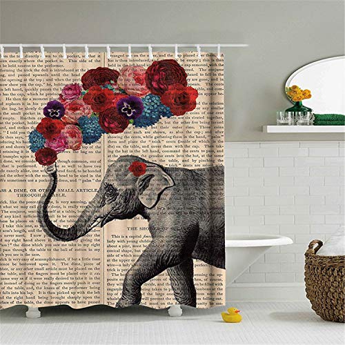 hipaopao Cute Elephant Flower Pattern Shower Curtain African Wildlife Animal Vintage Fabric Bathroom Decor with Hooks Waterproof Washable 72 x 72 inches Grey Red Blue