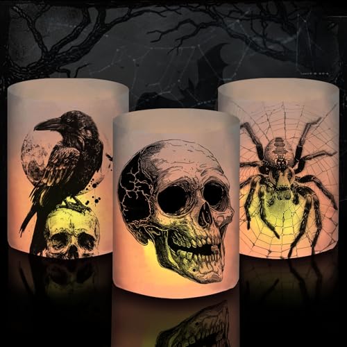 12 Windlicht Tischdeko Dekoration, Halloween Deko Innen Outdoor Garten Gruselig, Horror Deko mit Totenkopf Krähe Spinne, Halloween Deko Kinder Geburtstag...