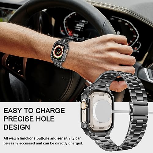 Image of BAITEYOU Stainless Steel Watch Band with Case Compatible with Apple Watch Ultra 3 2 1 band (49mm), Rugged Strap with Metal Protective Bumper Cover for iWatch Bands Men (Grey)