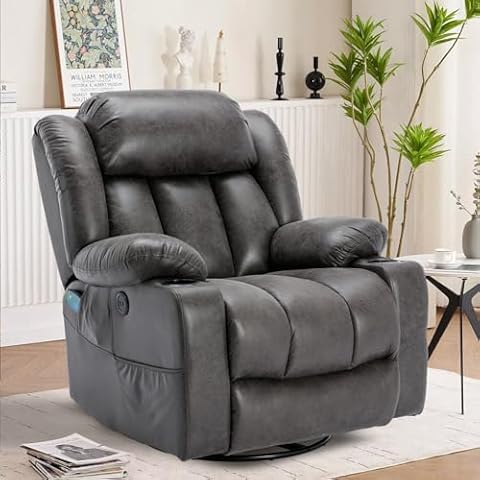 VIVIJASON Manual Swivel Rocking Glider Recliner Chair with Heat & Vibration Massage, 360° Swivel Overstuffed Reclining Chair with 2 Cup Holders, Side Pockets & USB Ports for Living Room, Gray Cover