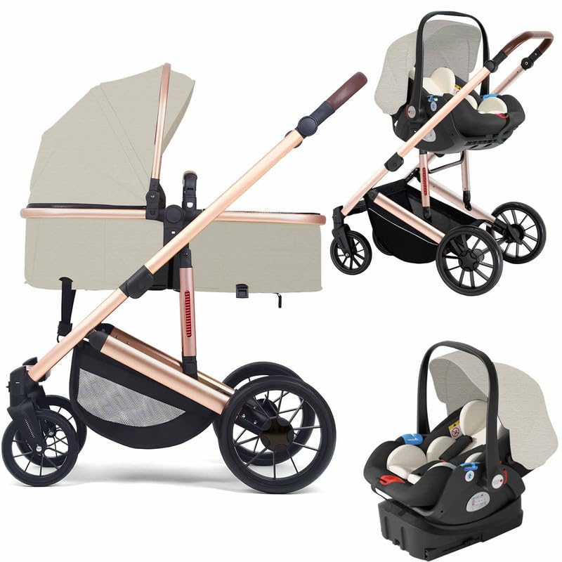 Baby Stroller Car Seat Combo Coches para Bebes 3 in 1 Travel System and Base Beige White High Landscape Bassinet Stroller for Toddlers Lightweight Pram