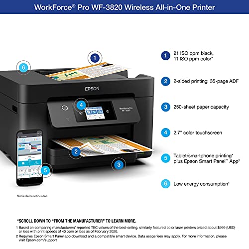 Image of Epson Workforce Pro WF-3820 Wireless Inkjet All-in-One Color Printer, C11CJ07201 (Renewed)
