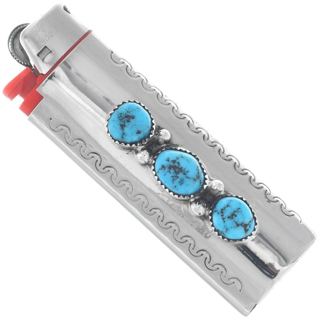 Blue Turquoise Nugget Silver Navajo Lighter Case Cover Three Kingman Arizona Stone Design 3330