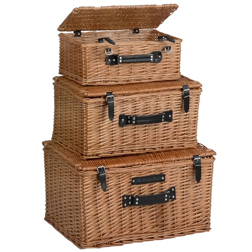 CampFeuer Lot de 3 paniers en osier tressé avec couvercle et lanières en cuir synthétique -...