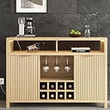 Svimi Fluted Home Bar Wine Cabinet with LED Light, Charging Station, Wine Rack - Buffet Cabinet with Storage, Coffee Bar Table, Stylish Fluted Credenza Cabinet for Modern Home Kitchen 47.2" Oak