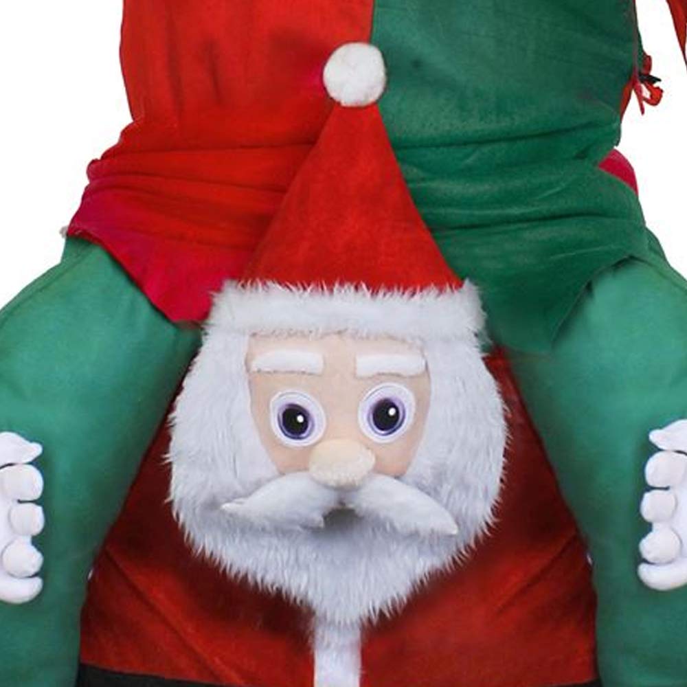 DISFRAZ DE ELFO SOBRE LOS HOMBROS DE SANTA CLAUS - INCLUYE: TRAJE DE PAPÁ NOEL DE UNA PIEZA DE LUJO CON PIERNAS AFELPADO, VESTIDO DE ELFO VERDE, CINTURÓN, COLLAR Y GORRO NAVIDEÑO - GRANDE