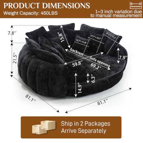Image of 81 inch Round Sofa Bed Big Bean Bag Round Chaise Lounge Oversized Round Couch Boneless Reading Chair Plush Fluffy Chenille Large Chaise Chair for Living Room, Bedroom, Apartment, Black