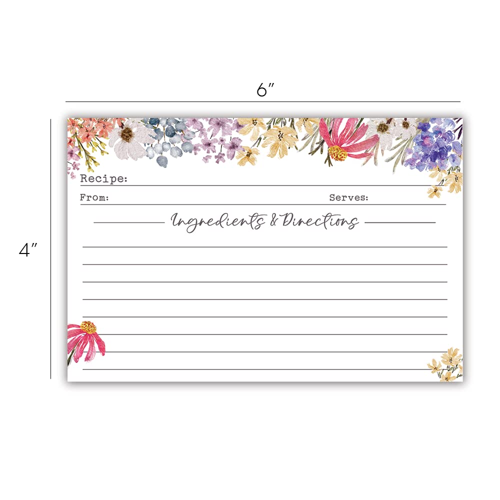 Floral 4x6 Recipe Cards - Set Of 50, Thick White Cardstock, Easy To Write On, Recipe Organizer For Bridal Showers, Cocktails, & Family Meals