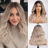 starluck Ombre Ash Blonde Long Wavy Wig for Women 20 Inch Middle Part Curly Wavy Wig Lace Front Natural Looking Synthetic Hair Heat Resistant Fiber Wig for Daily Party Use