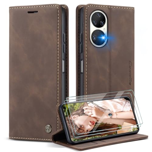 Caseme Funda para Huawei P50 + 2X Protector Pantalla,Funda Movil Carcasa PU Cuero con Ranura para Tarjeta, Cierre Función de Soporte, Café