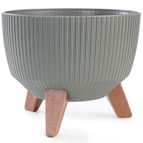 KONZEPT Pflanzschale Groß 24cm Graugrün, Blumentopf mit Füßen, wetterfest & UV-beständig, mit Wasserabfluss-Einsatz, Übertopf für Innen & Außen