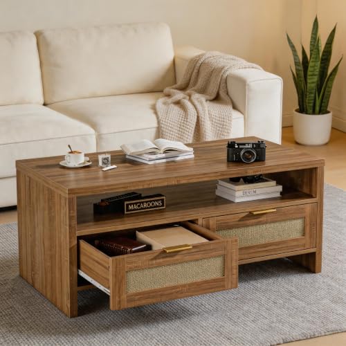 2 Tiers Boho Coffee Table with Storage,40” Mid Century Rattan Console Table with Drawers and Open Shelf, Wooden Center Coffee Table for Living Room/Apartment/Farmhouse/Bedroom/Small Place(Oak)