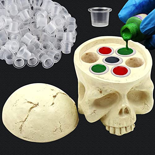 Soporte Organizador Vasos de Tinta para Tatuajes con Diseño Calavera + 100 Tapas de Tinta Tatuaje Grandes Tattoo Ink Cup, Ideal para Tatuadores Principiantes y Profesionales