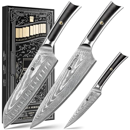 BRODARK Damascus Chef Knife 3 PCS, VG10 Steel Full Tang Sharp Pro...