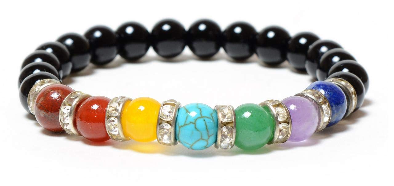ExcelInternational Bracelet 8 mm Bead Reiki Healing and Vastu, Meditation, Protection, Energizer, Vitality/Passion - Bracelet for Unisex (Black Obsidian with 7 Chakra)
