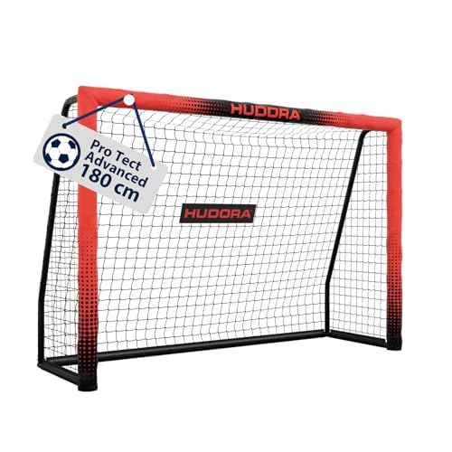 HUDORA Fußballtor Pro Tect 180 Advanced – Outdoor Fußballtor mit Netz und wetterfester Ummantelung für Kinder/Erwachsene – Einfacher Aufbau im Garten – Torwand mit Reiß- und Klettverschlüssen – red