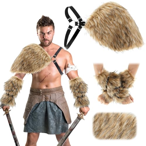 Geyoga 3 Disfraces de Vikingo de Halloween Hombre Armadura de Piel Sintética para Hombros, Puños de Piel Sintética Capa de Disfraz Medieval Brazaletes Calentadores de Manos para Halloween Cosplay