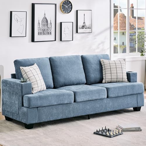 GarveeHome Modern 89 in 3-Seater Sofa for Living Room, Comfy Couches with Deep Seat, Chenille Couch with Cup Holders and Side Storage Pockets for Apartment Lounge, Blue - Image 4