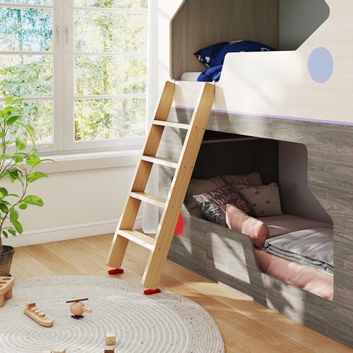 Image of 50 inch 55 inch 60 inch Black Wood Bunk Bed Ladder, Lofted /Dorm /RV Bed Bunkbed Ladders with 4in Extra Wide Steps and Non-Slip Pads, Replacement Wooden Ladder for Motorhome /Camping (Wood Color, 50in /127cm)