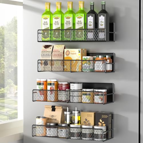 Image of DTUQYX Magnetic Spice Rack for Refrigerator, 4 Pack 100% Metal Strong Magnet Fridge Shelves, Space Saving Spice Organizer, No Drilling Moveable Home Kitchen Laundry Room Storage Organization, Black