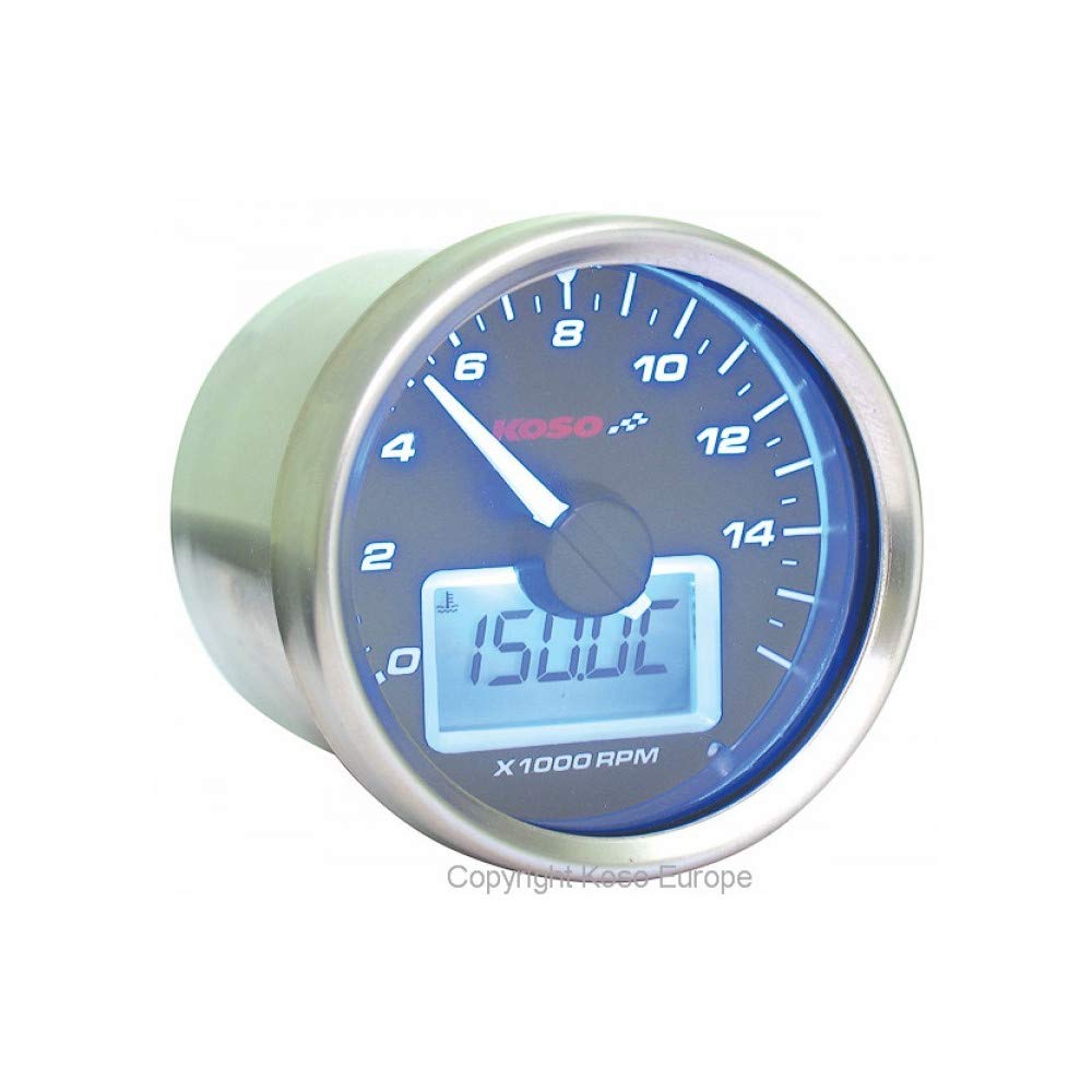 Koso HD-01R GP Style Tachometer with chromed housing and white dial