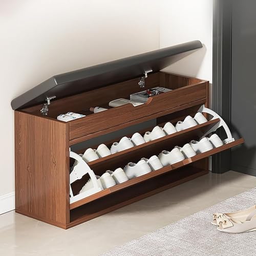 Banc à chaussures robuste avec assise rembourrée et coffre double en bois noble
