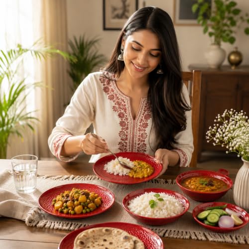 Image of MARKET 99 Melamine Dinner Plates Set of 6 Red Hammered Design | Round Serving Plates for Kitchen Dining Tableware | Lightweight Durable Food Plates for Daily Use, Party Serving, & Buffet