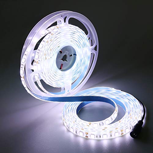 YUNBO Striscia LED Bianco Freddo 6000-6500K, 5M 12V SMD 5050 300LED Flessibile Tagliabile IP65 Impermeabile Luci a LED per Casa Camera Cucina