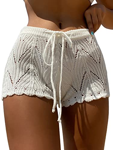 GORGLITTER Women's Crochet Hollow Out Cover Up Shorts Striped Tie Front High Waisted Swimsuit Beach Shorts