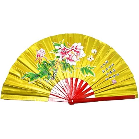 Medifier Chinese Kung Fu Tai Chi Fan Arts Dance/Practice Performance Bamboo Folding Fan Peony Flower Pattern (Golden) Cover