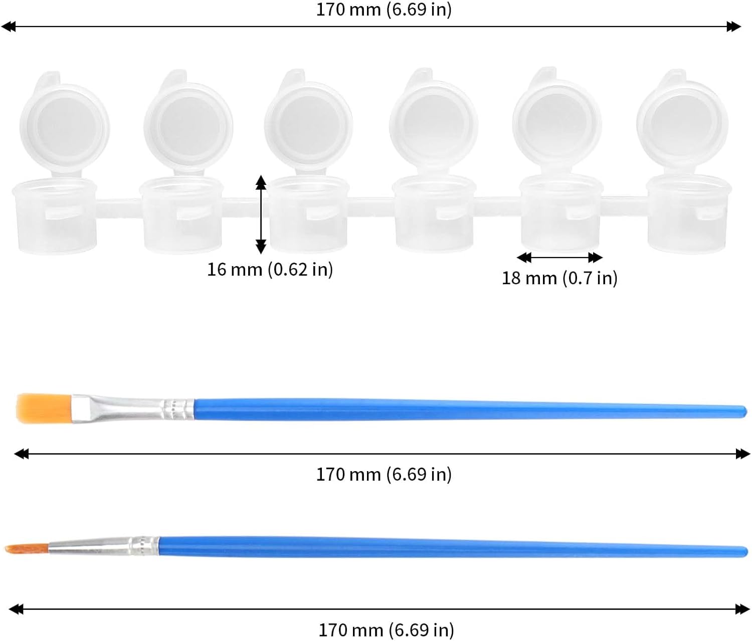 JAPCHET 150 Strips 900 Pots 3ml Mini Acrylic Empty Paint Pots Bulk Set, Paint Pots Strips with 50 Brushes, Small Clear Paint Pods with Lids for Arts, Crafts