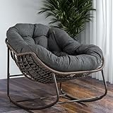 Thctvous 37” Papasan Rocking Chair with Cushion and Steel Frame, Oversized Outdoor Egg Rocking Chair, Rattan Circle Chairs for Grand Patio and Garden (Grey)