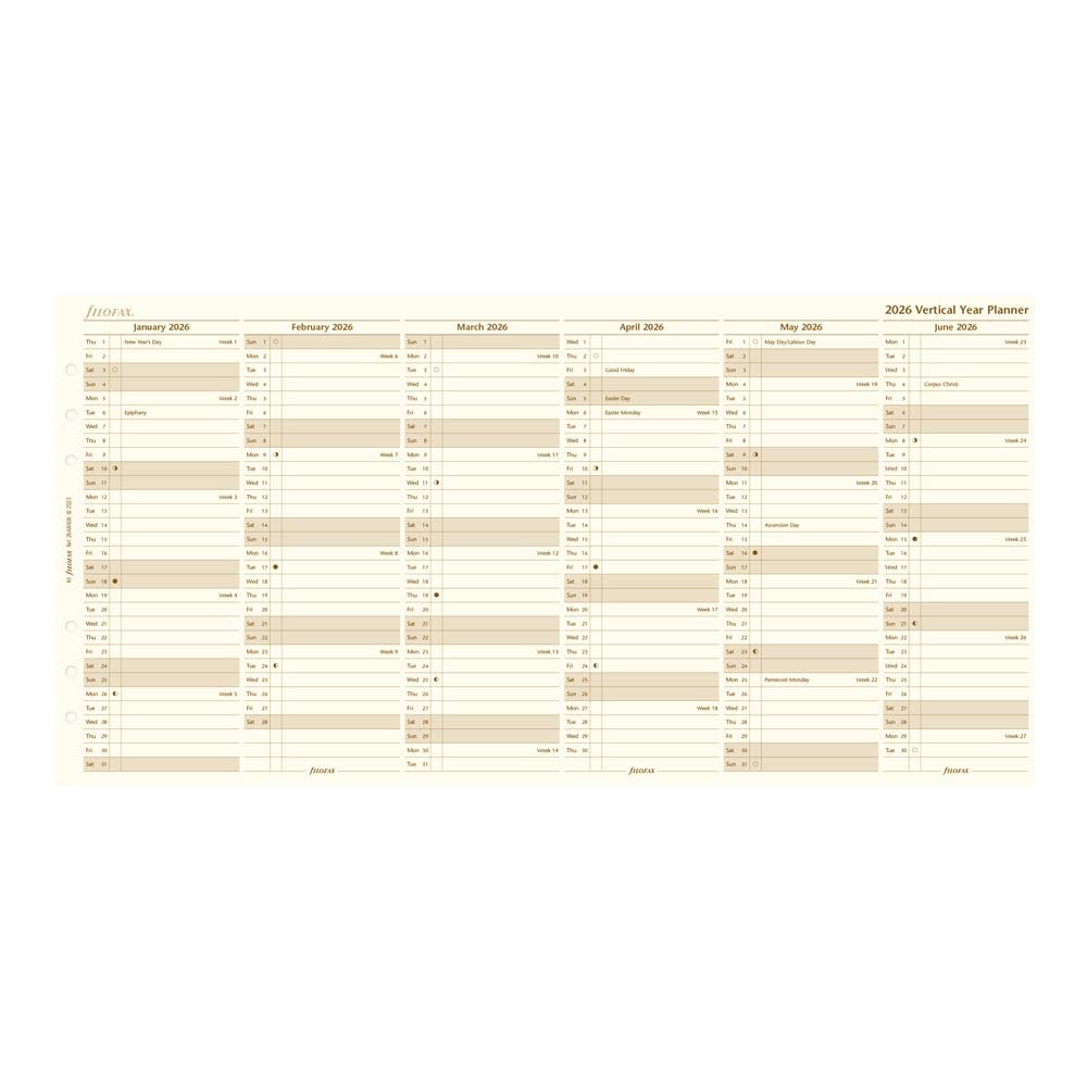 Filofax Calendar Diary Refill, A5 Size, Vertical Year Planner, Cotton Cream Paper, English, 2026 (C68508-26)