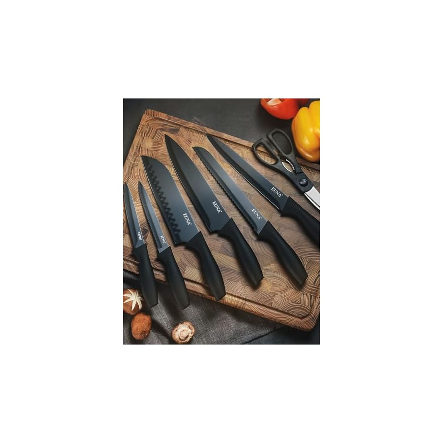 EUNA-Kitchen-Knife-Set-19-PCS-Black-Knife-Set-with-Acrylic-Block-and-Sharpener-German-High-Carbon-Stainless-Steel-Knife-Sets-with-6-Serrated-Steak-Knives-Bread-Knife-Chef-Knife-Dishwasher-Safe EUNA Kitchen Knife Set, 19 PCS Black Knife Set with Acrylic Block and Sharpener, German High-Carbon Stainless Steel Knife Sets with 6 Serrated Steak Knives, Bread Knife, Chef Knife, Dishwasher Safe