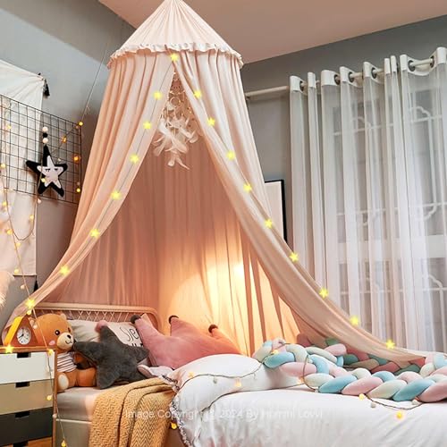 Hommi Lovvi Bed Canopy for Girls, Dreamy Frills Ceiling Hanging Princess Canopy Bedroom Decoration Soft Canopy Net Reading Nook, Extra Large Full Queen Size Bed Canopies - Light Pink