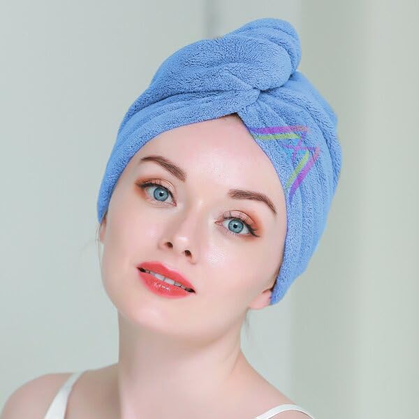 Hair Towel WRAP Absorbent Towel Hair-Drying Bathrobe Magic Hair WRAP Towel Super Quick-Drying 100% Pure Cotton 750 GSM Towel Hair Dry Cap Salon Towel(Sky Blue)