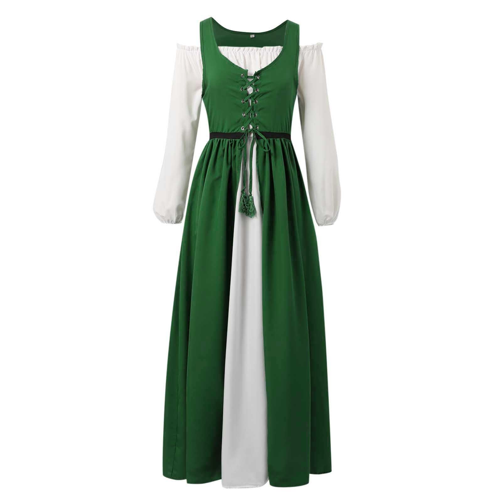 Trachtenkleid Damen Oktoberfest Outfit im Gothic-Stil, mittelalterliches Langarmkleid für Cosplay historische Nachstellung